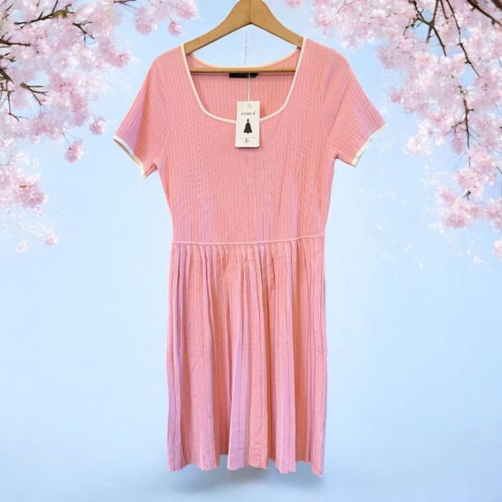 NWT Women's Zesica Ribbed Square Neck Color Block Pleated Mini Dress-Size‎ L